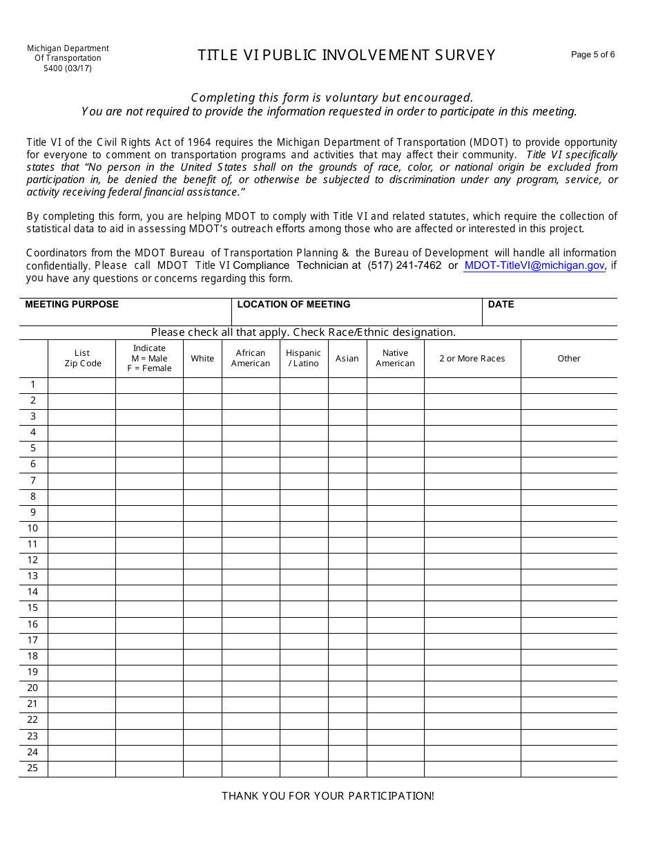 Form 5400 Public Involvement Survey - Michigan, Page 5