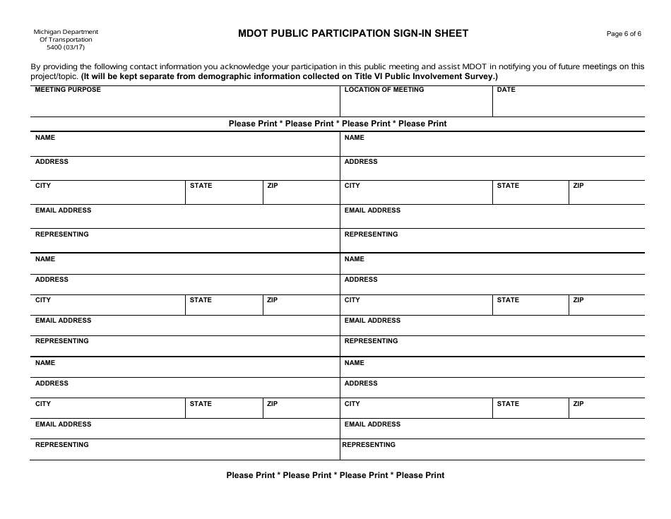 Form 5400 Public Involvement Survey - Michigan, Page 6