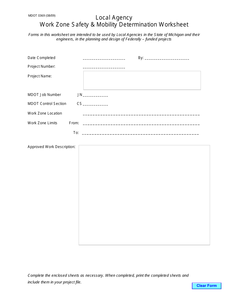 Form MDOT0369 Work Zone Safety  Mobility Determination Worksheet - Michigan, Page 1