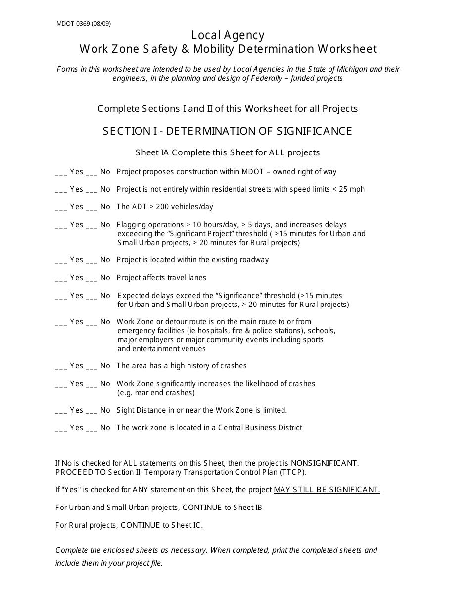 Form MDOT0369 Work Zone Safety  Mobility Determination Worksheet - Michigan, Page 2