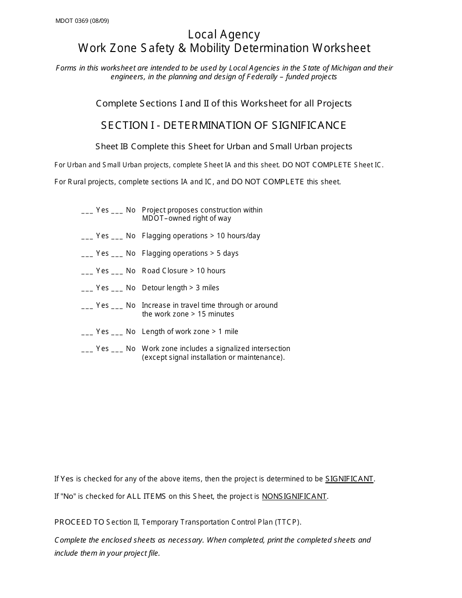 Form MDOT0369 Work Zone Safety  Mobility Determination Worksheet - Michigan, Page 3