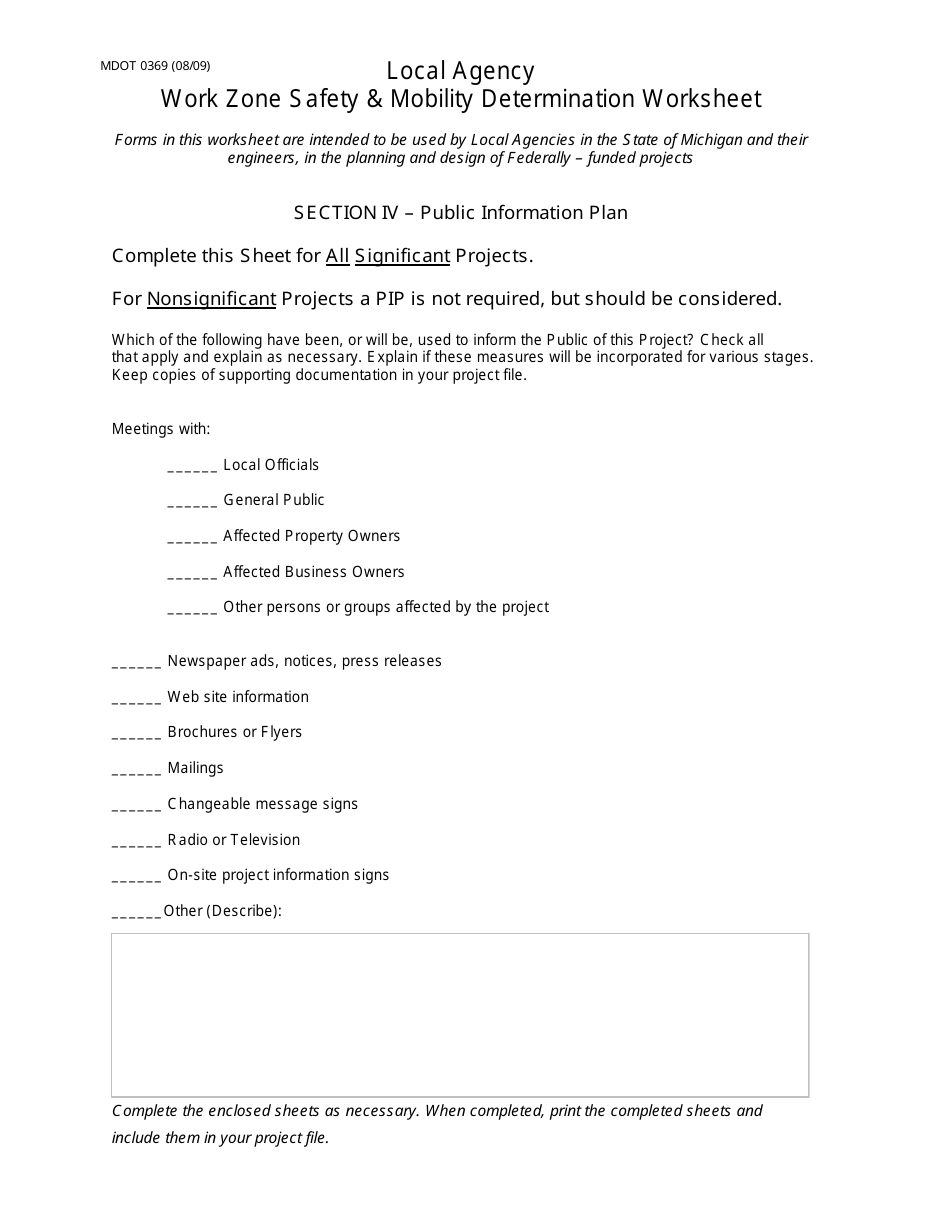 Form MDOT0369 Work Zone Safety  Mobility Determination Worksheet - Michigan, Page 7