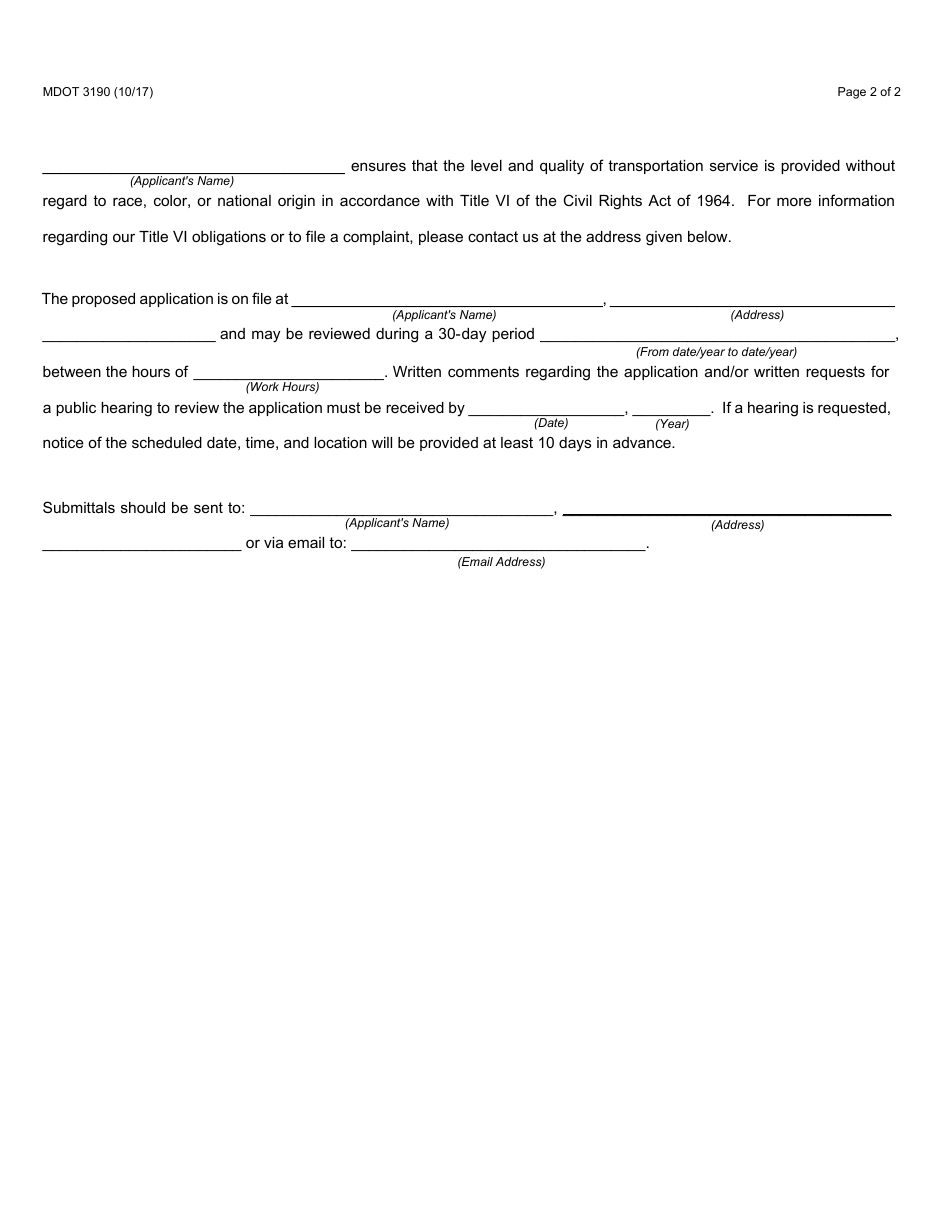 Form 3190 Proposed State and Federal Application for Operating and / or Capital Assistance - Michigan, Page 2
