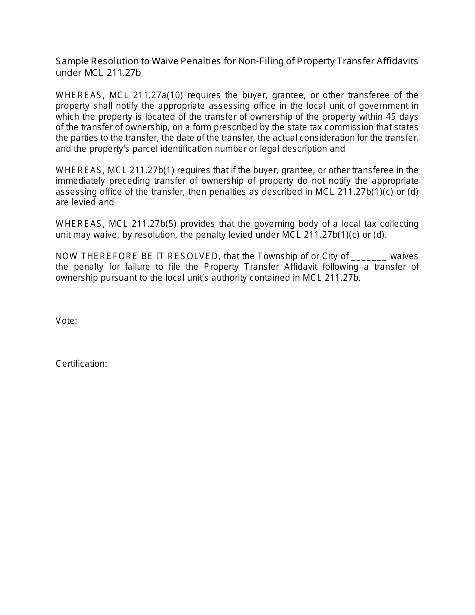 Resolution to Waive Penalties for Non-filing of Property Transfer Affidavits Under Mcl 211.27b - Michigan, Page 1
