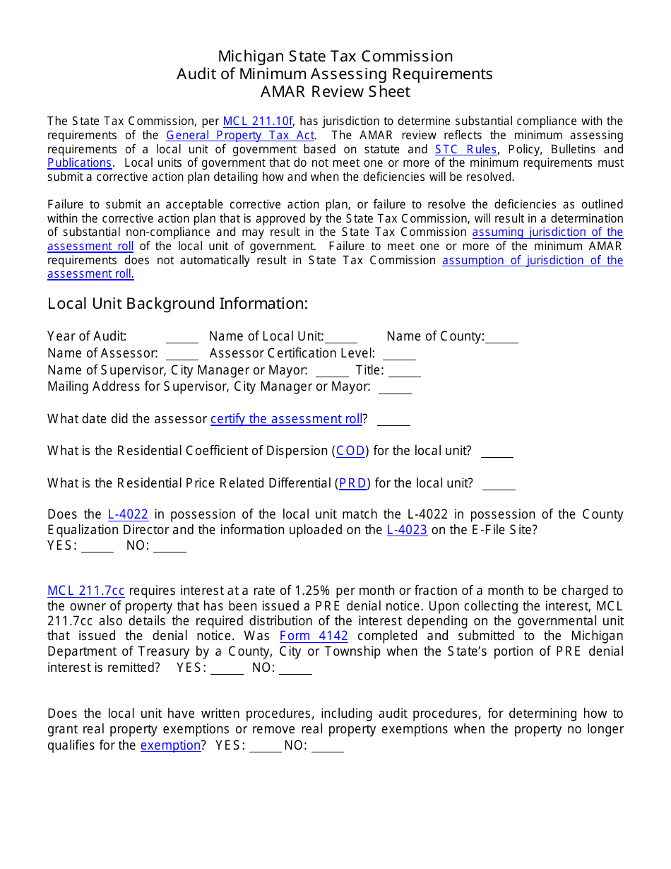 Michigan Audit of Minimum Assessing Requirements Review Sheet - Fill ...