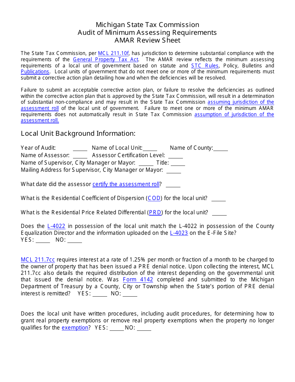 Audit of Minimum Assessing Requirements Review Sheet - Michigan, Page 1