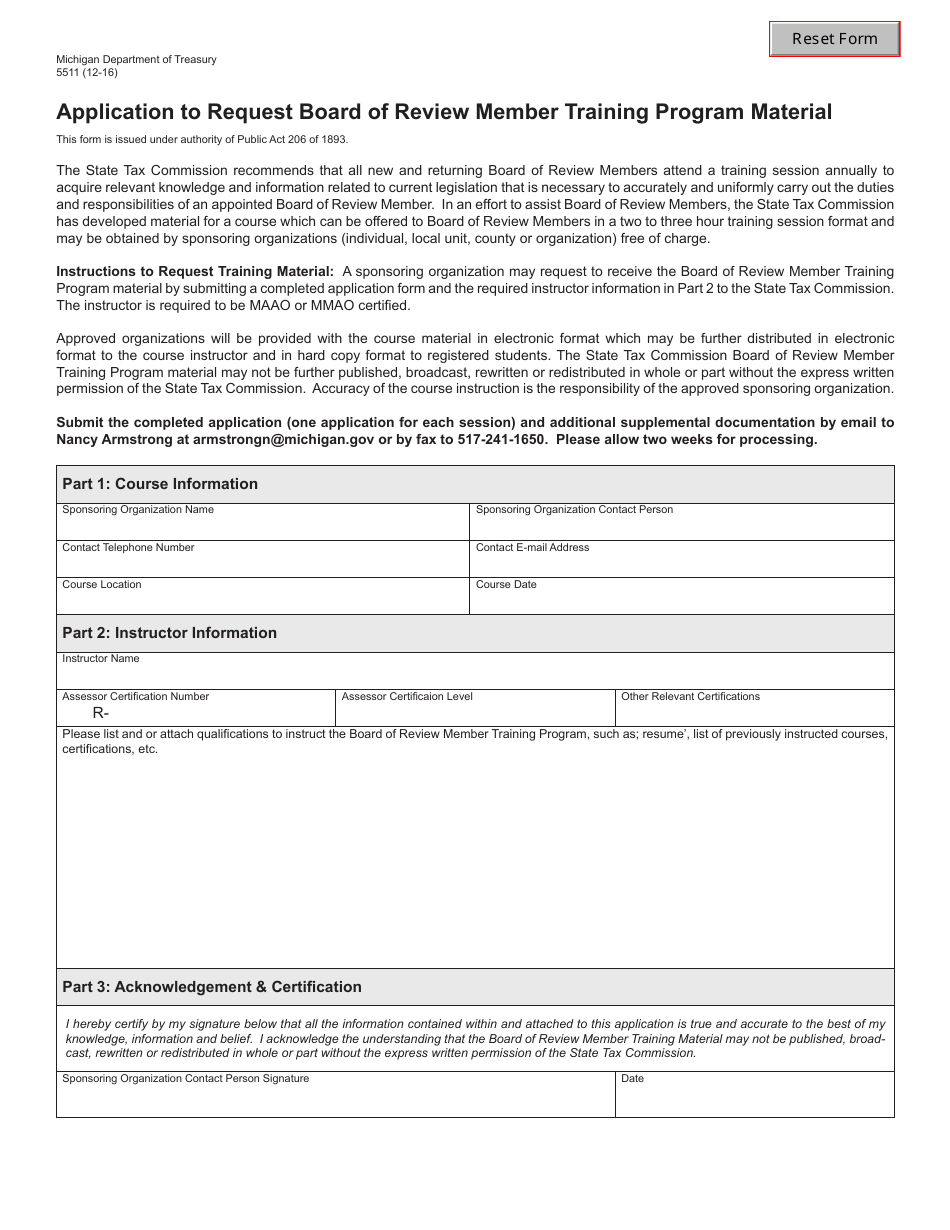 Form 5511 Application to Request Board of Review Member Training Program Material - Michigan, Page 1