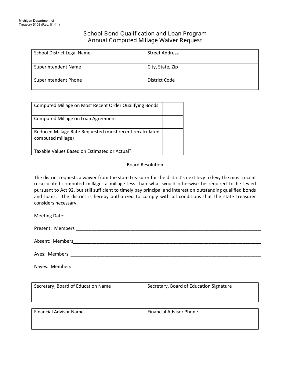 Form 5108 Annual Computed Millage Waiver Request - School Bond Qualification and Loan Program - Michigan, Page 3