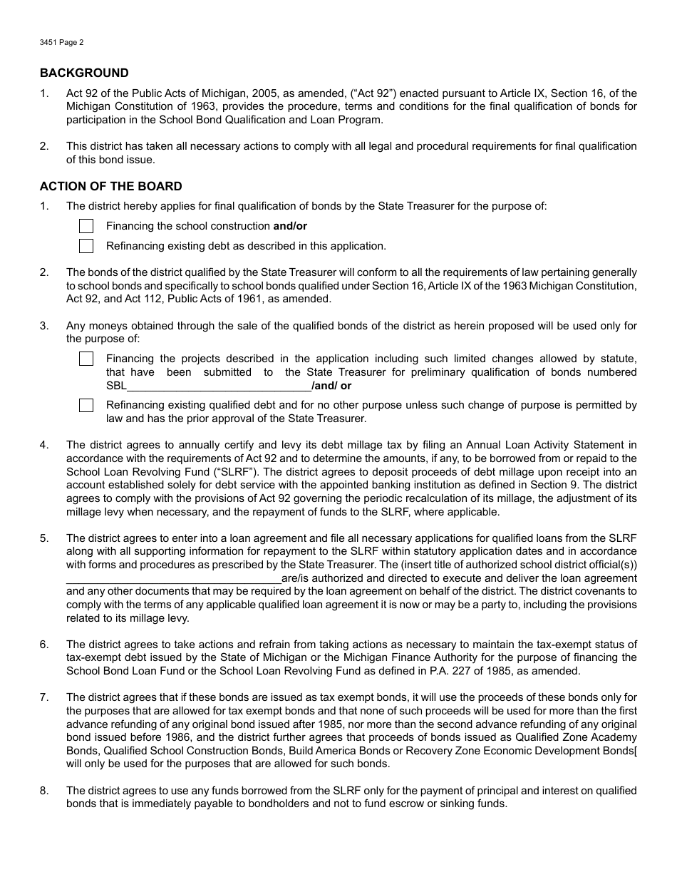 Form 3451 Application for Final Qualification of Bonds for Participation in the Michigan School Bond Qualification and Loan Program - Michigan, Page 2