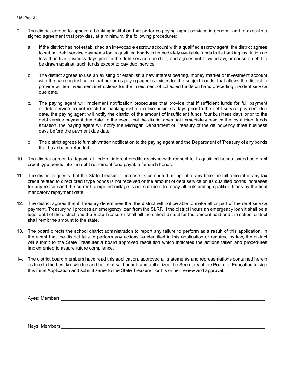 Form 3451 Application for Final Qualification of Bonds for Participation in the Michigan School Bond Qualification and Loan Program - Michigan, Page 3