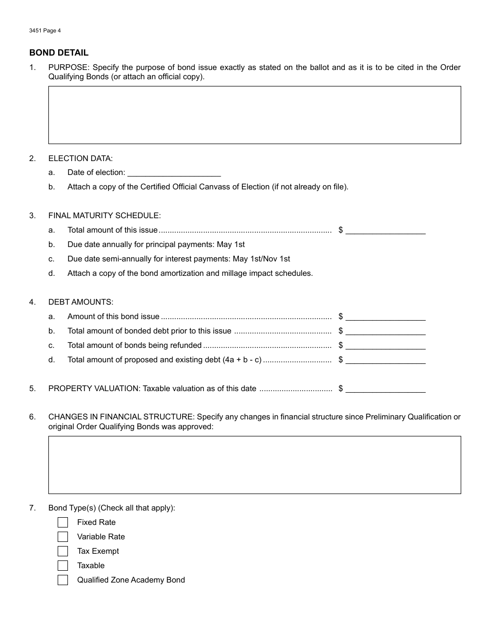Form 3451 Application for Final Qualification of Bonds for Participation in the Michigan School Bond Qualification and Loan Program - Michigan, Page 4