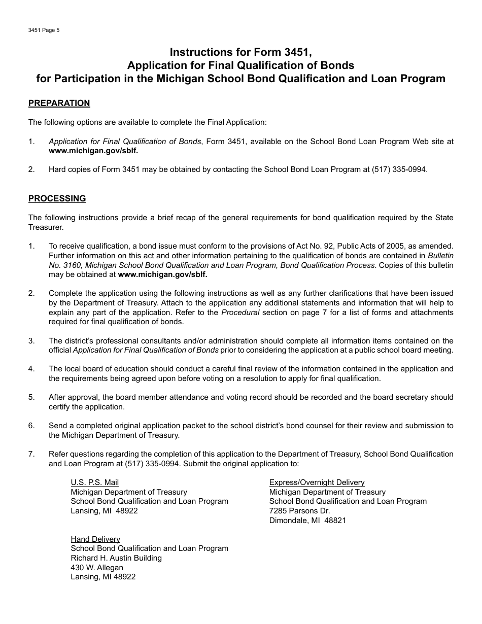 Form 3451 Application for Final Qualification of Bonds for Participation in the Michigan School Bond Qualification and Loan Program - Michigan, Page 5