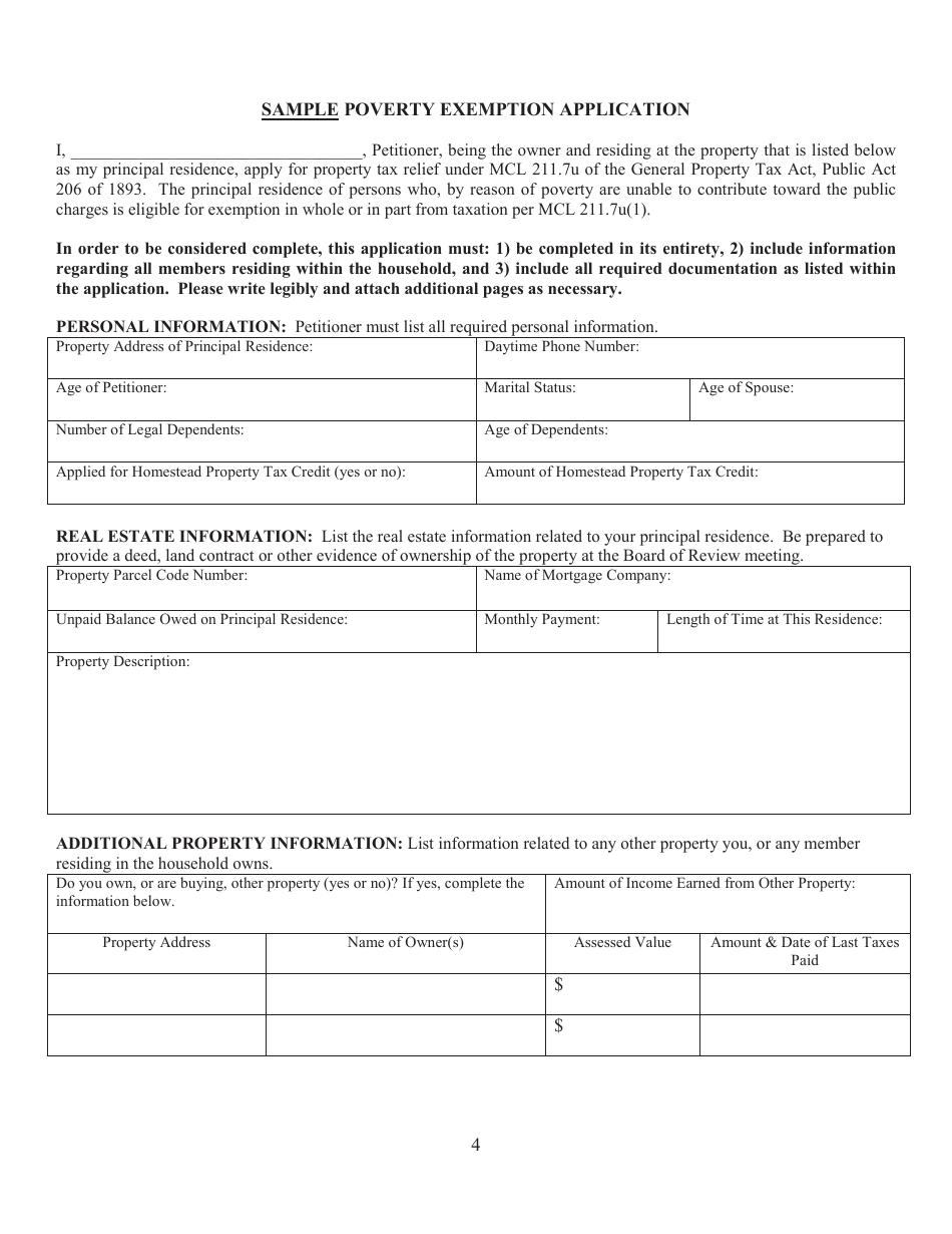 Sample Poverty Exemption Application - Michigan, Page 1