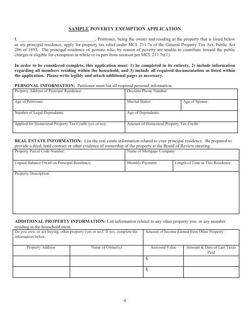 Sample Poverty Exemption Application - Michigan Download Pdf