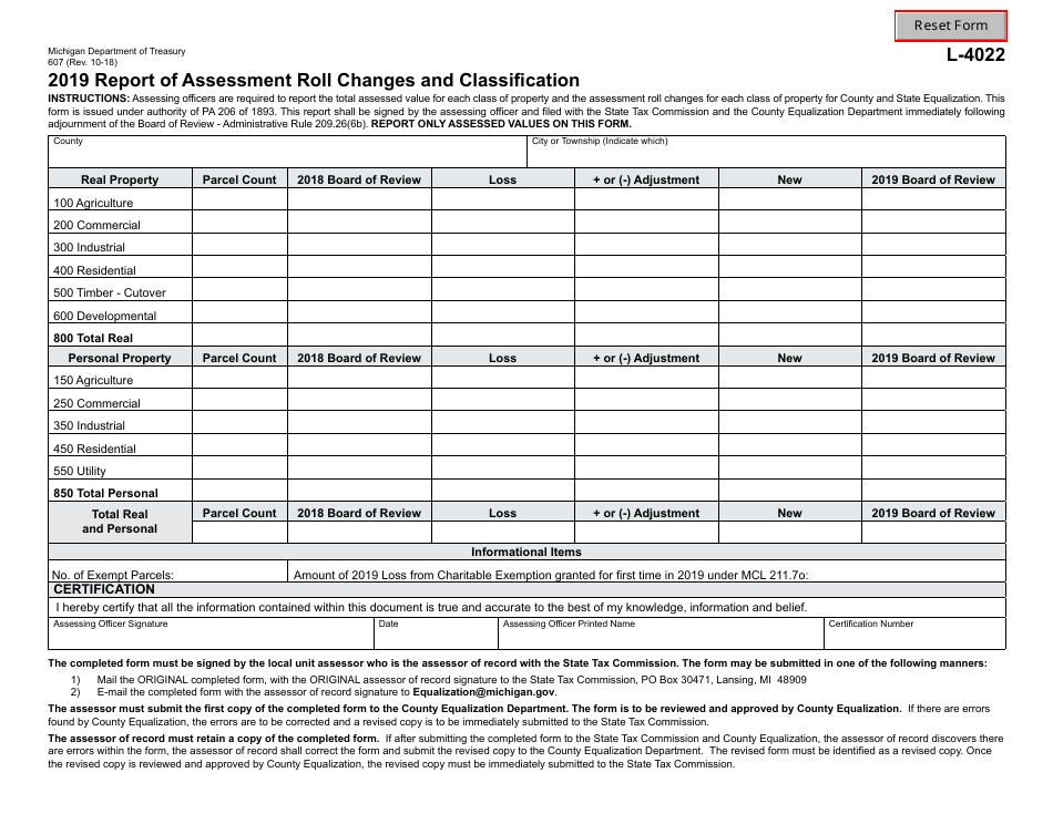 Form 607 (L-4022) Report of Assessment Roll Changes and Classification - Michigan, Page 1
