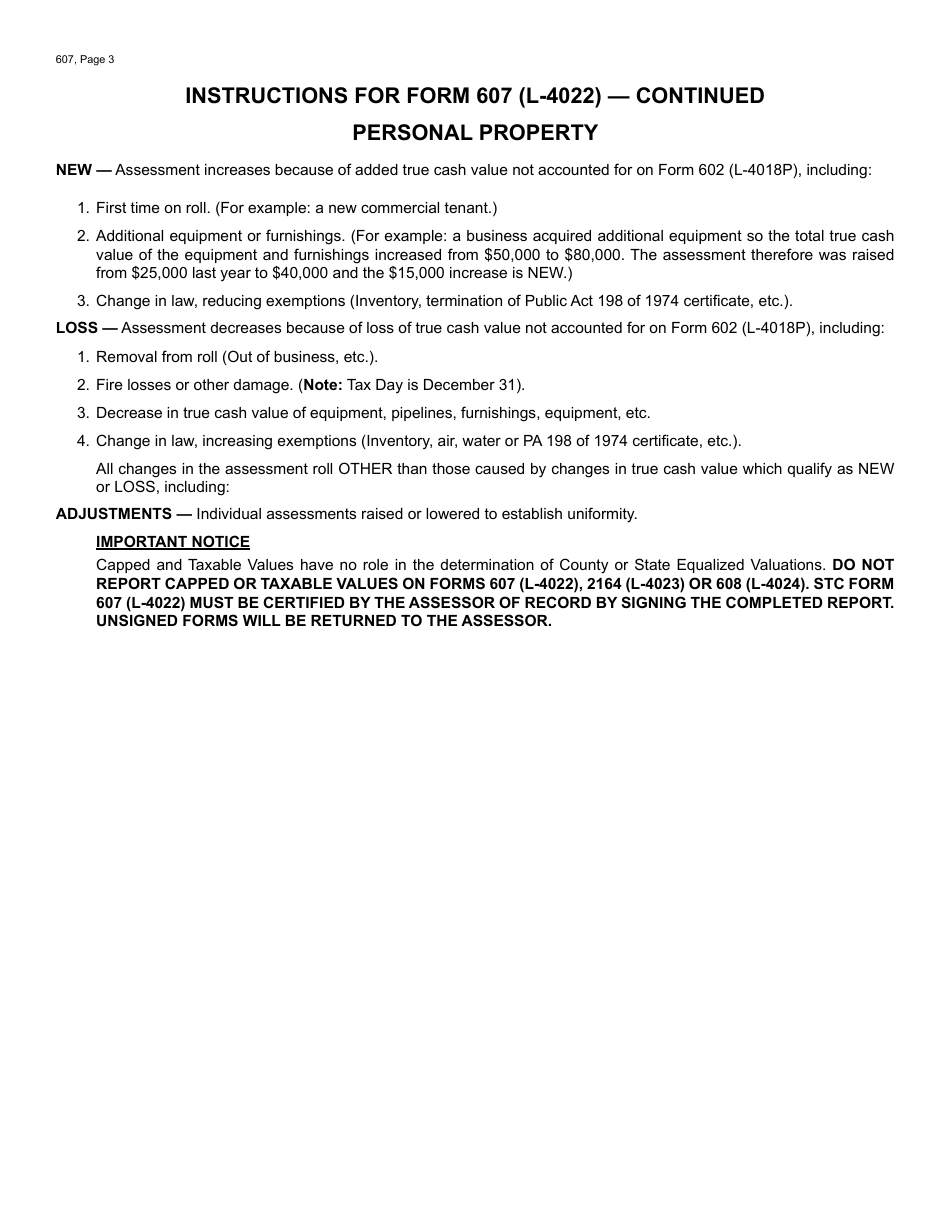 Form 607 (L-4022) Report of Assessment Roll Changes and Classification - Michigan, Page 3