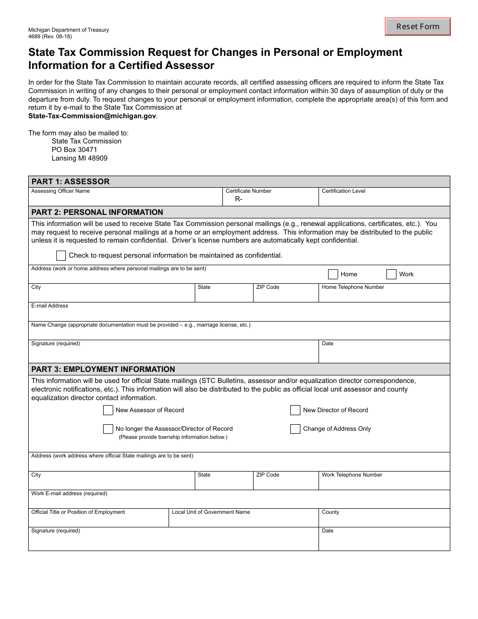Form 4689 Download Fillable Pdf Or Fill Online State Tax Commission Request For Changes In Personal Or Employment Information For A Certified Assessor Michigan Templateroller
