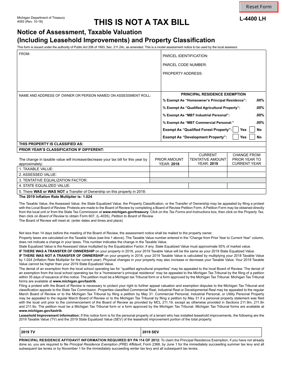 Form 4093 (L-440 LH; L-4400 LH) Notice of Assessment, Taxable Valuation (Including Leasehold Improvements) and Property Classification - Michigan, Page 1