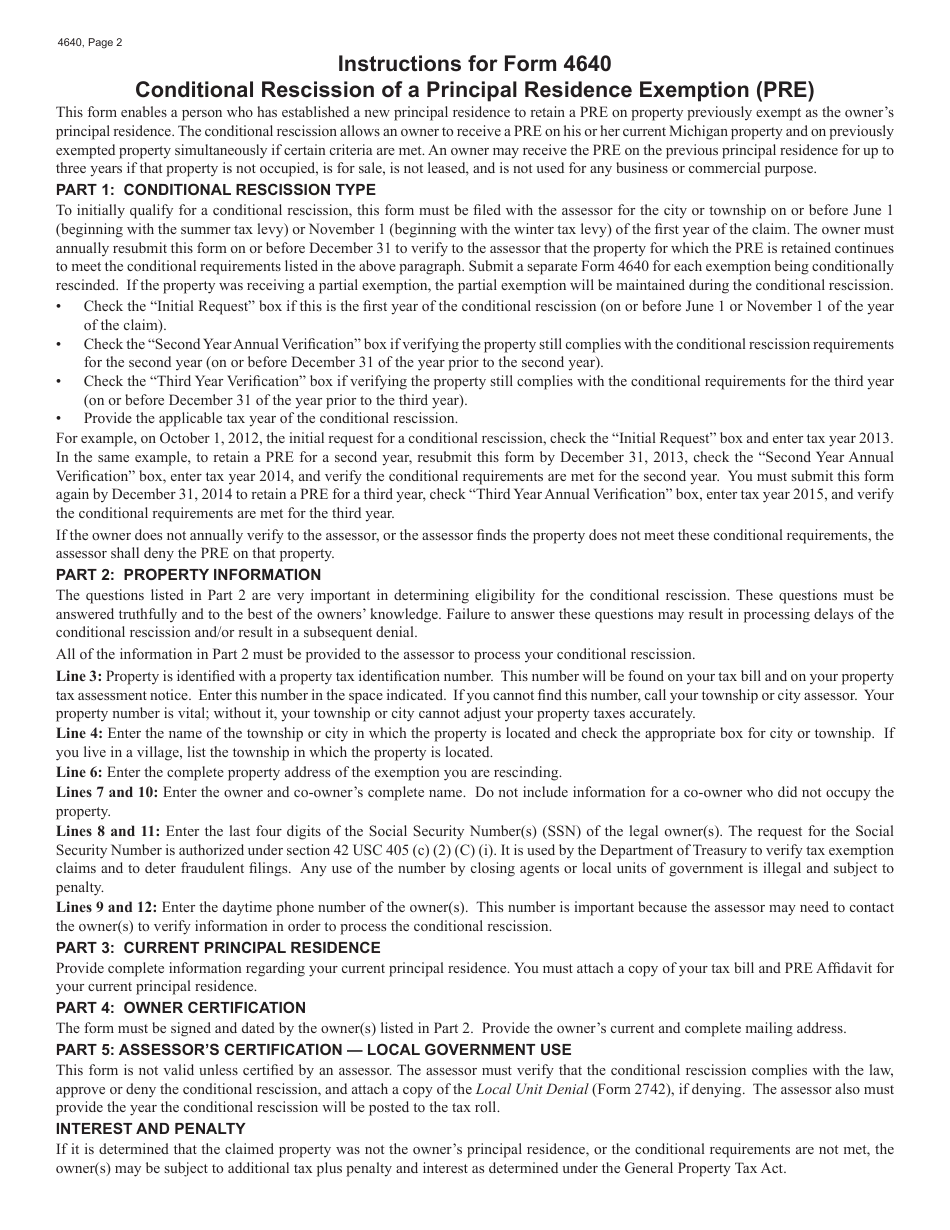 Form 4640 Conditional Rescission of Principal Residence Exemption (Pre) - Michigan, Page 2