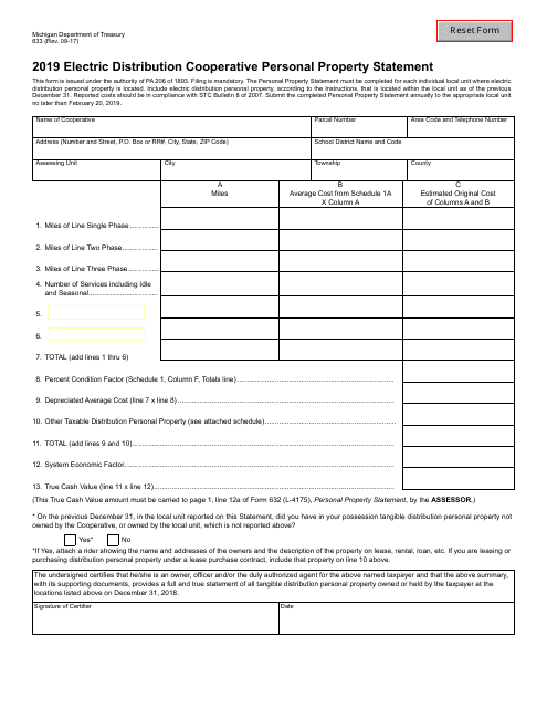 Form 633 Electric Distribution Cooperative Personal Property Statement - Michigan, 2019