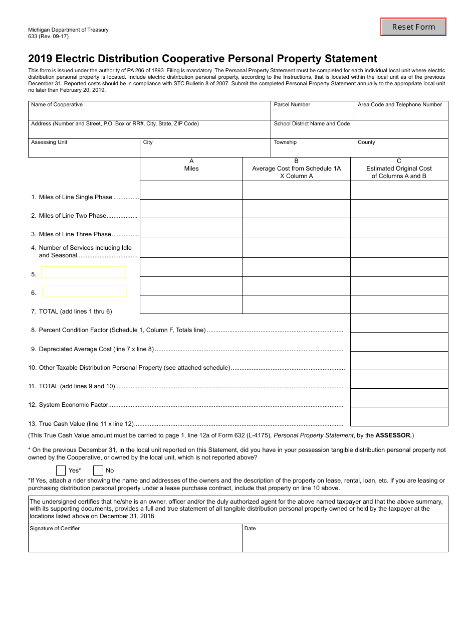 Form 633 Electric Distribution Cooperative Personal Property Statement - Michigan, Page 1