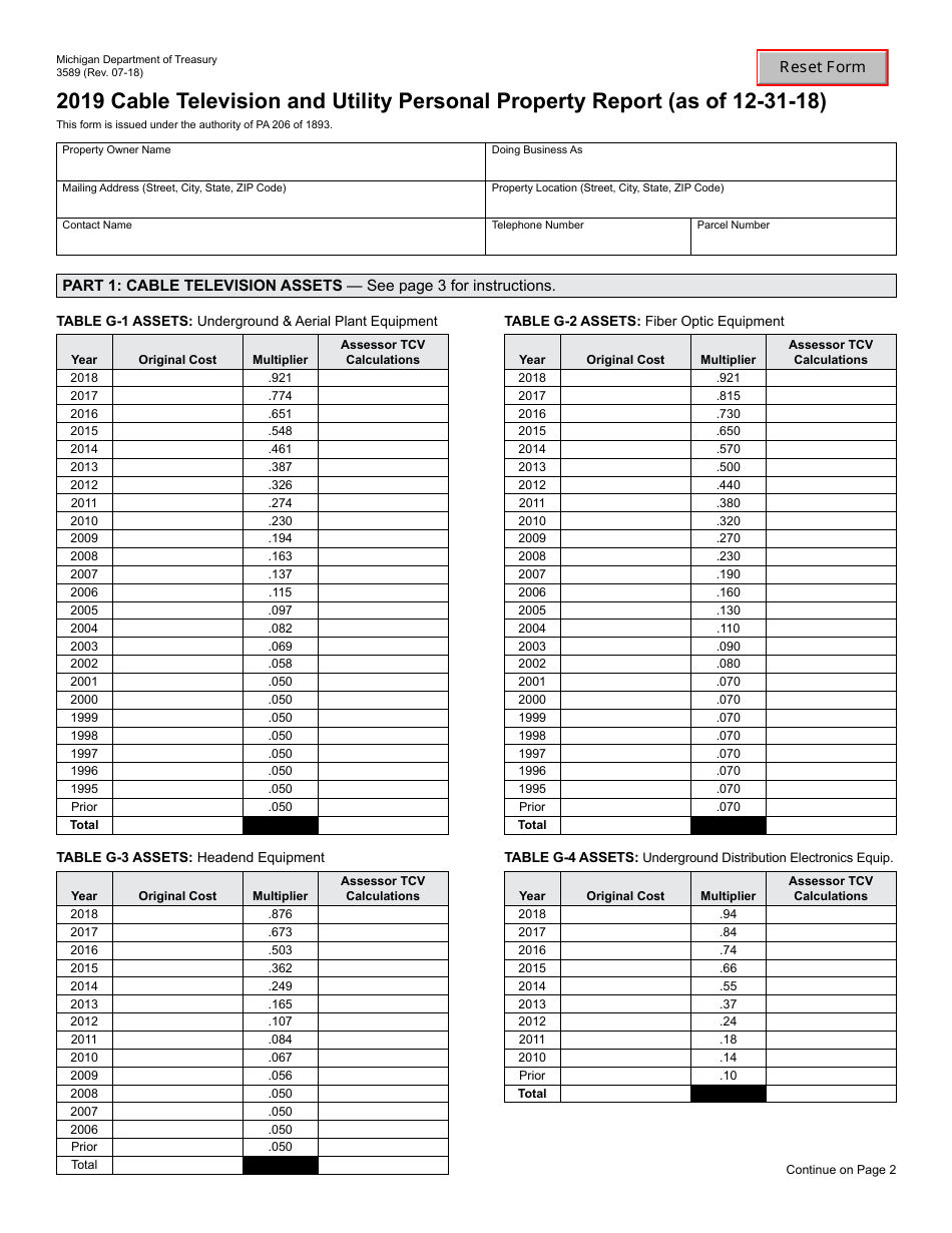 Form 3589 Cable Television  Public Utility Personal Property Report - Michigan, Page 1