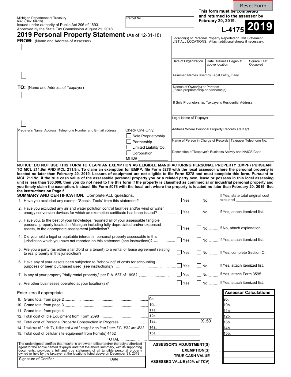 Form 632 (L-4175) Personal Property Statement - Michigan, Page 1