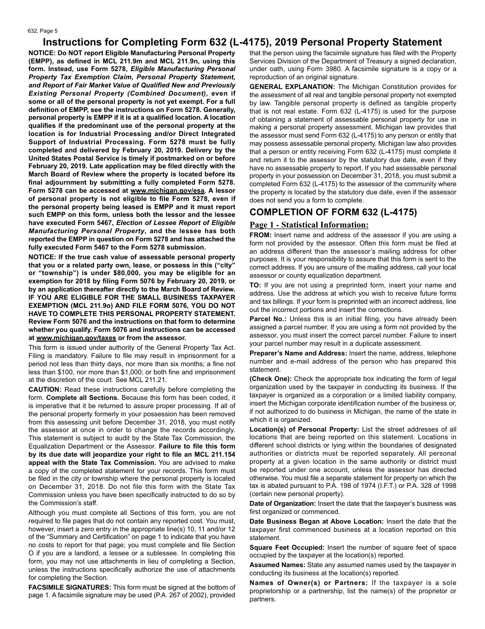 Form 632 (L-4175) Personal Property Statement - Michigan, Page 5