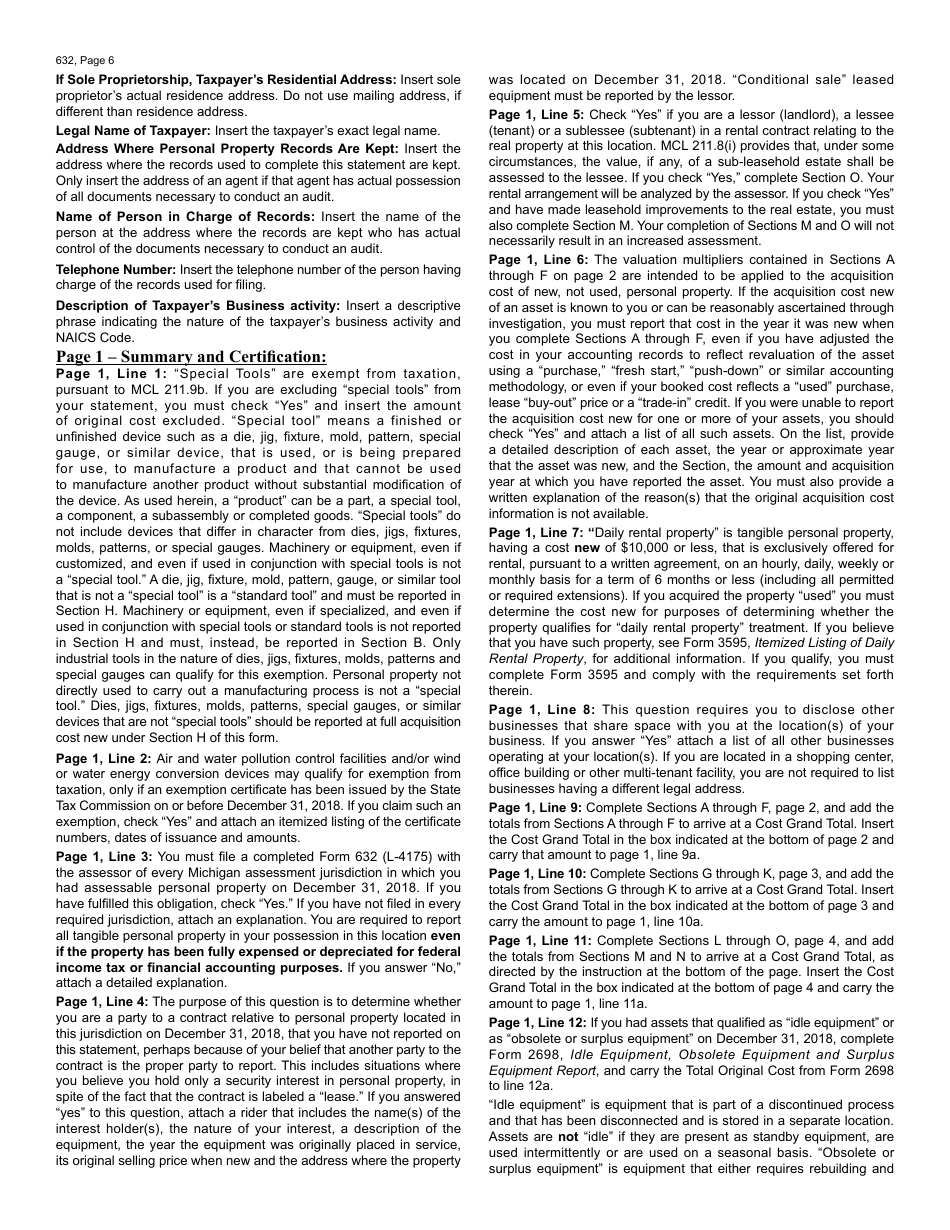 Form 632 (L-4175) Personal Property Statement - Michigan, Page 6