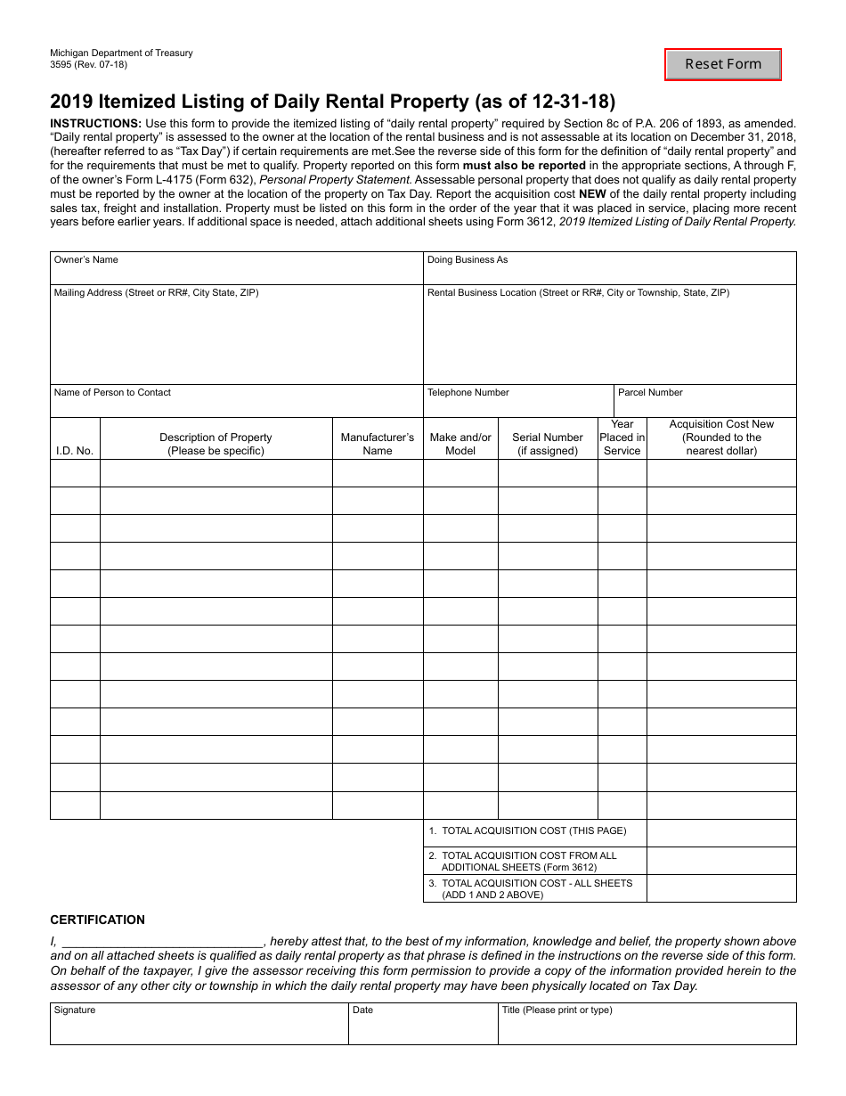 Form 3595 Itemized Listing of Daily Rental Property - Michigan, Page 1