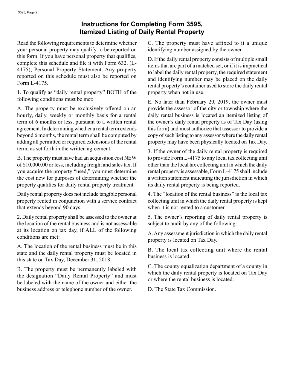 Form 3595 Itemized Listing of Daily Rental Property - Michigan, Page 2