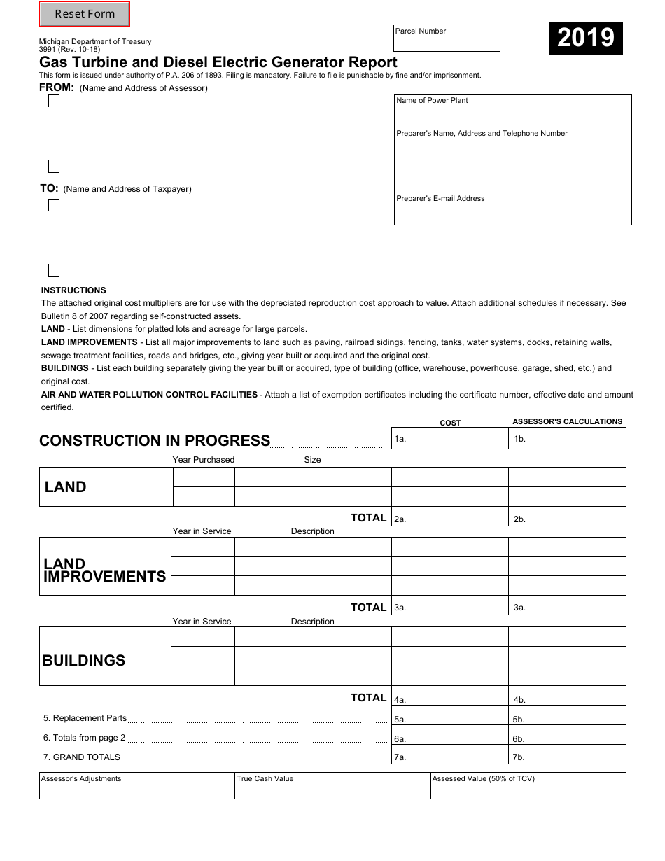 Form 3991 Gas Turbine and Diesel Electric Generator Property Report - Michigan, Page 1