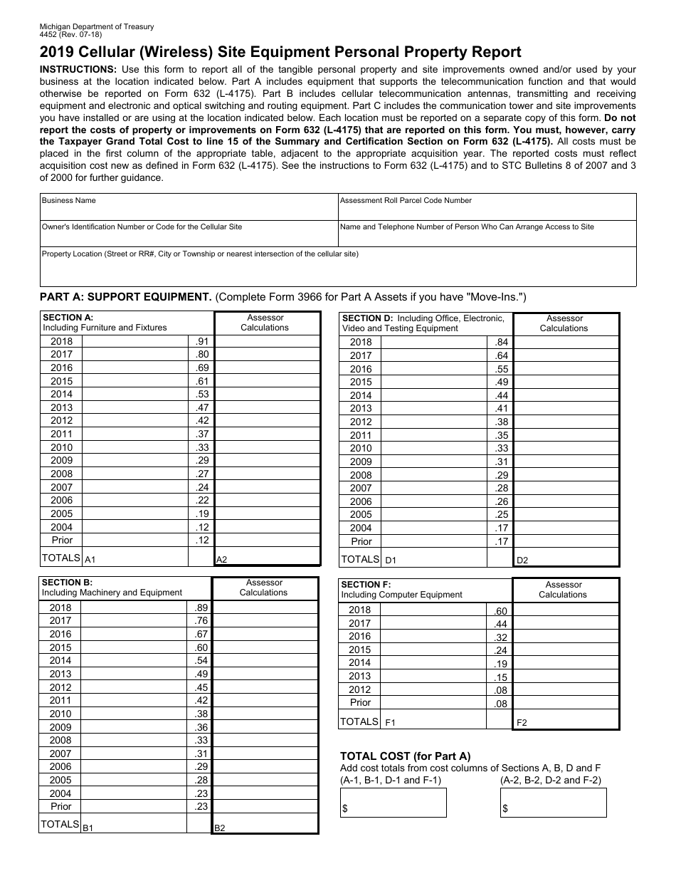 Form 4452 Cellular (Wireless) Site Equipment Personal Property Report - Michigan, Page 1