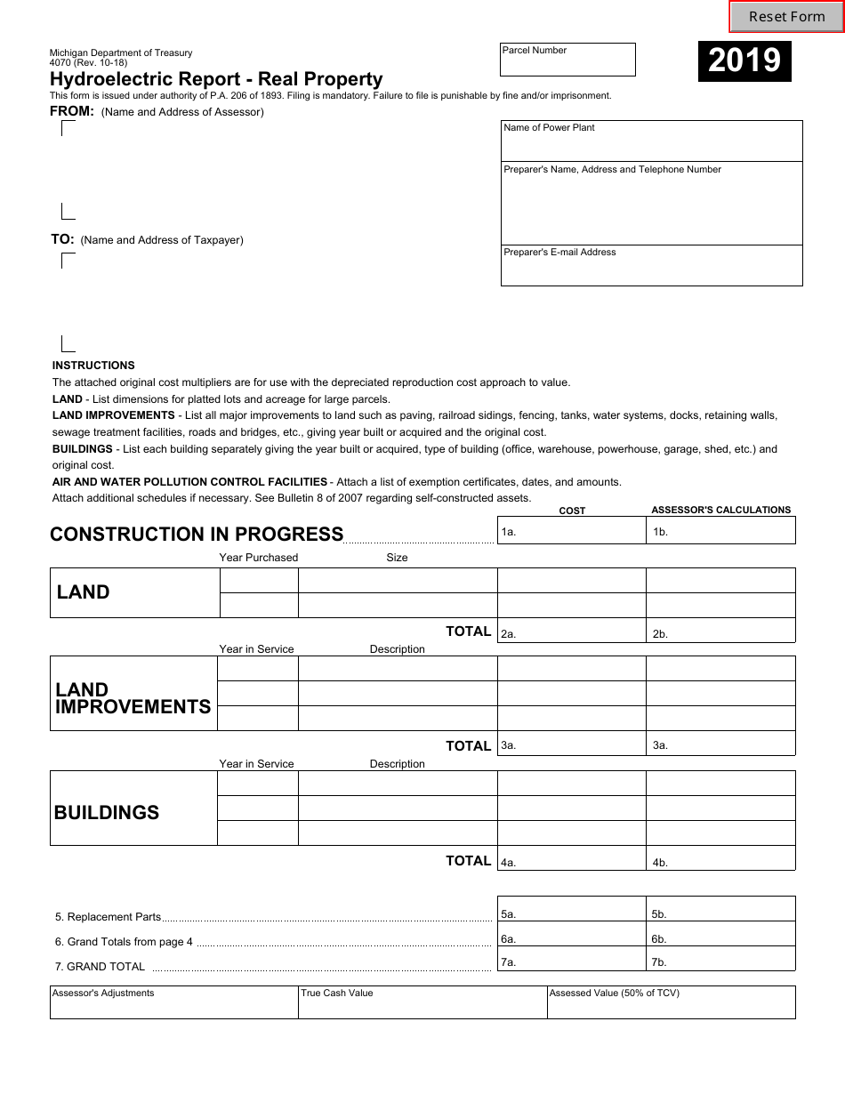 Form 4070 Hydroelectric Report - Real Property - Michigan, Page 1