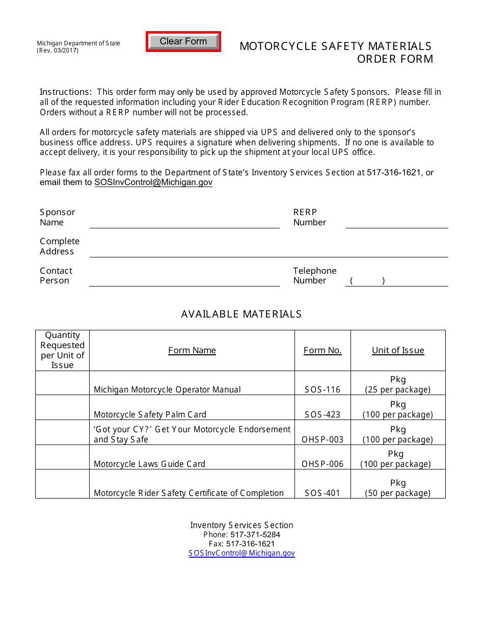 Motorcycle Safety Materials Order Form - Michigan, Page 1