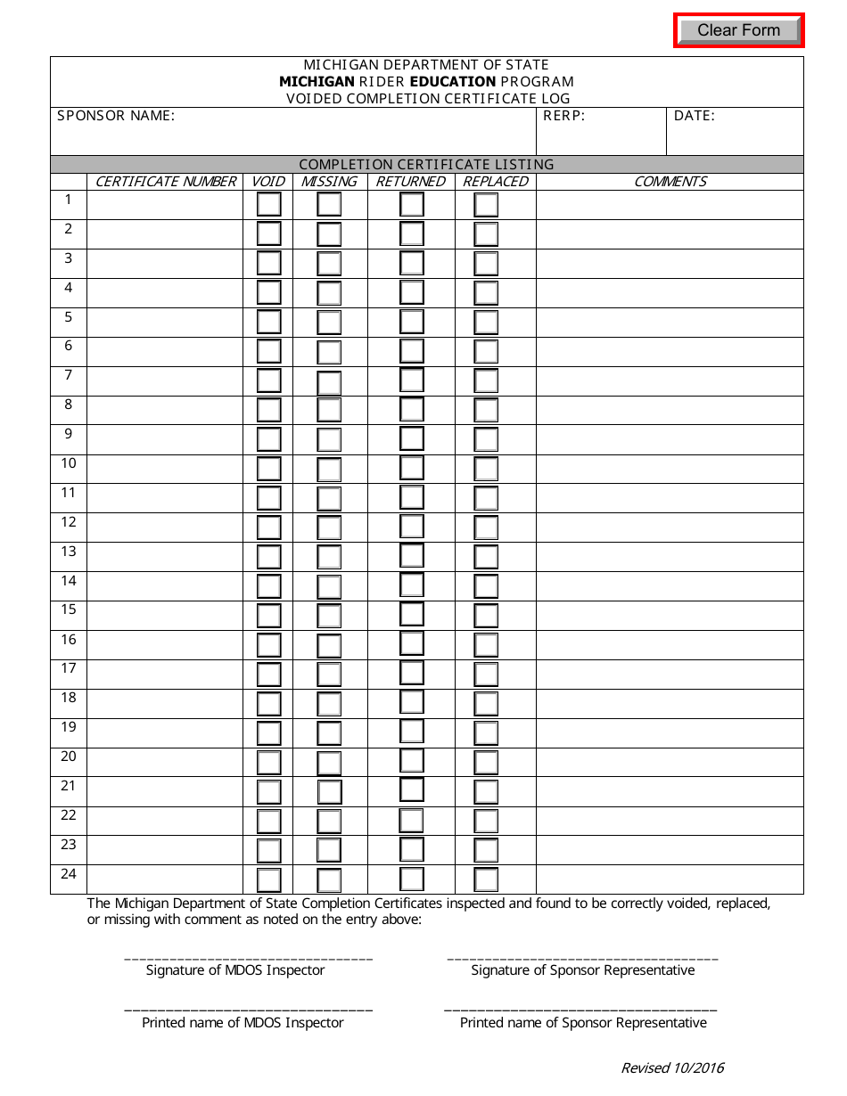 Voided Completion Certificate Log - Michigan Rider Education Program - Michigan, Page 1
