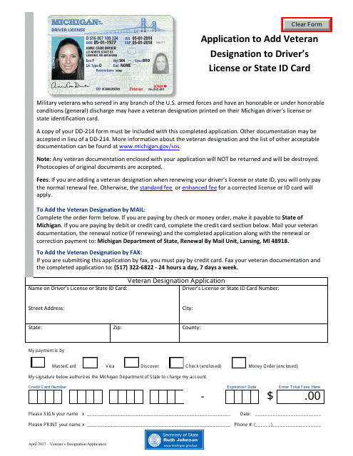 Application to Add Veteran Designation to Driver's License or State Id Card - Michigan Download Pdf
