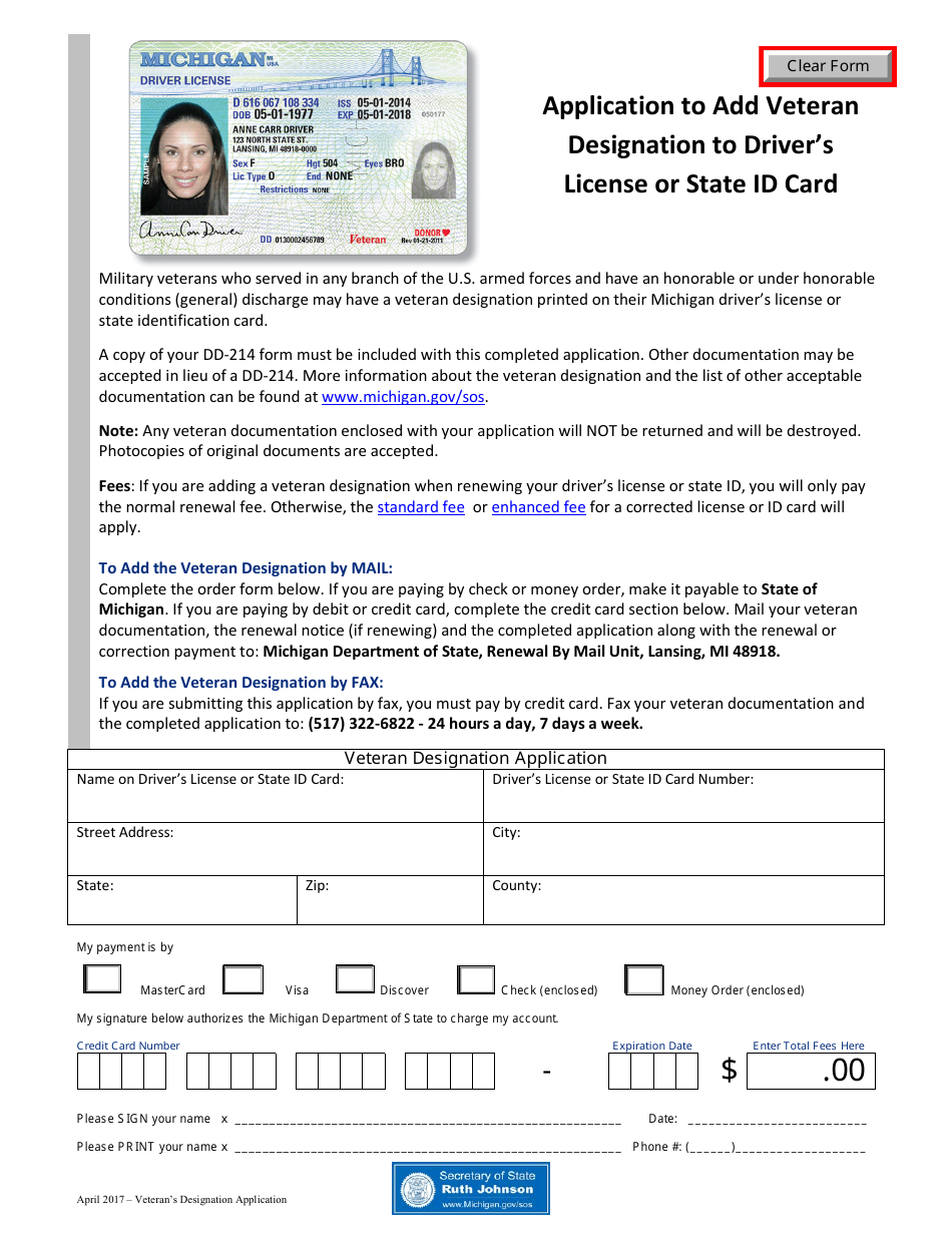 Application to Add Veteran Designation to Drivers License or State Id Card - Michigan, Page 1