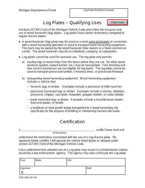 Form SOS-438 Log Plate Certification - Michigan