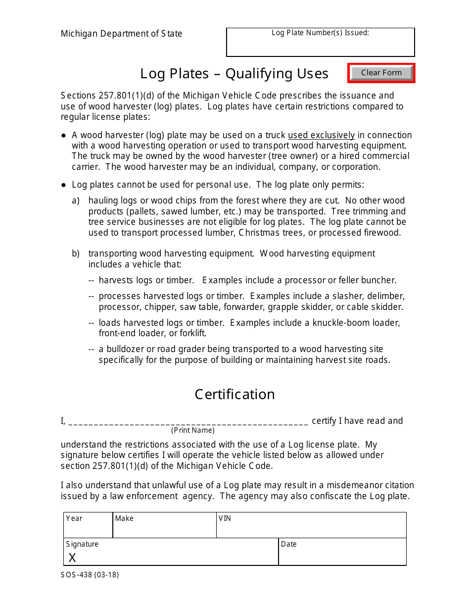 Form SOS-438 Log Plate Certification - Michigan, Page 1