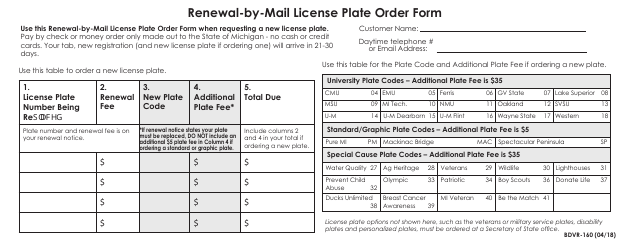 Document preview: Form BDVR-160 Renewal-By-Mail License Plate Order Form - Michigan