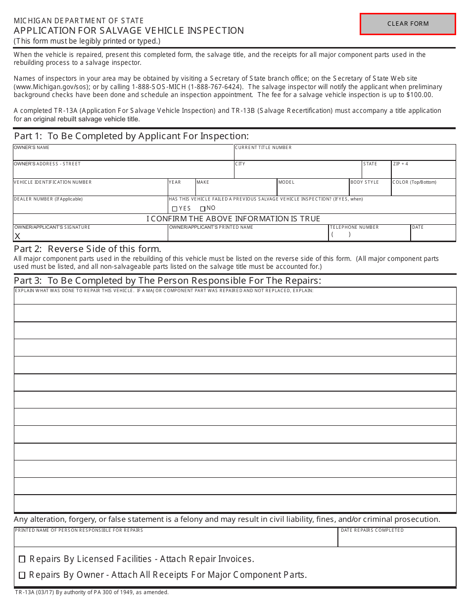 Form TR-13A Application for Salvage Vehicle Inspection - Michigan, Page 1