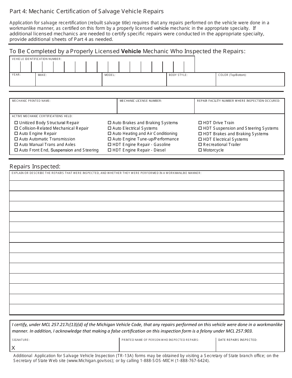 Form Tr 13a Fill Out Sign Online And Download Fillable Pdf Michigan Templateroller 1780