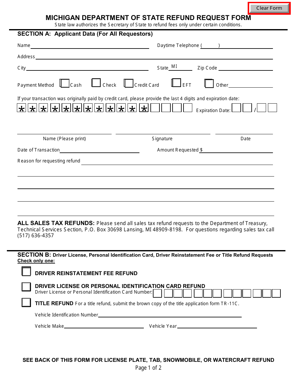 Form A-226 Michigan Department of State Refund Request Form - Michigan, Page 1