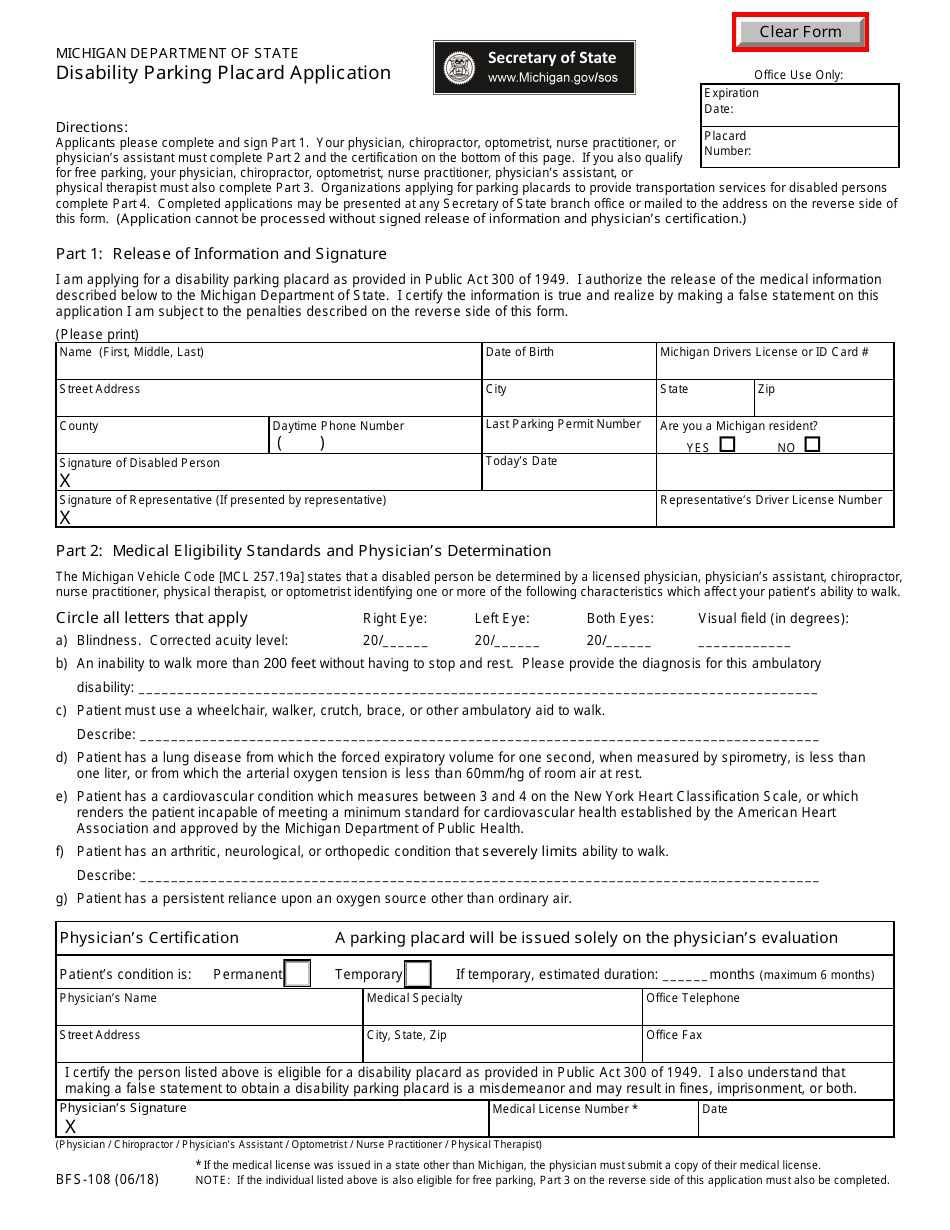 Form BFS-108 Disability Parking Placard Application - Michigan, Page 1