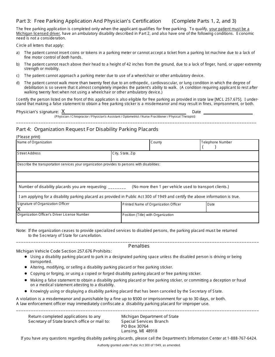 Form BFS-108 Disability Parking Placard Application - Michigan, Page 2