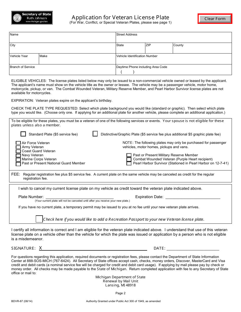 Form BDVR-87 Application for Veteran License Plate - Michigan, Page 2