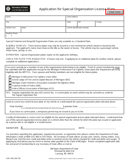 Form SOS-445 Application for Special Organization License Plate - Michigan