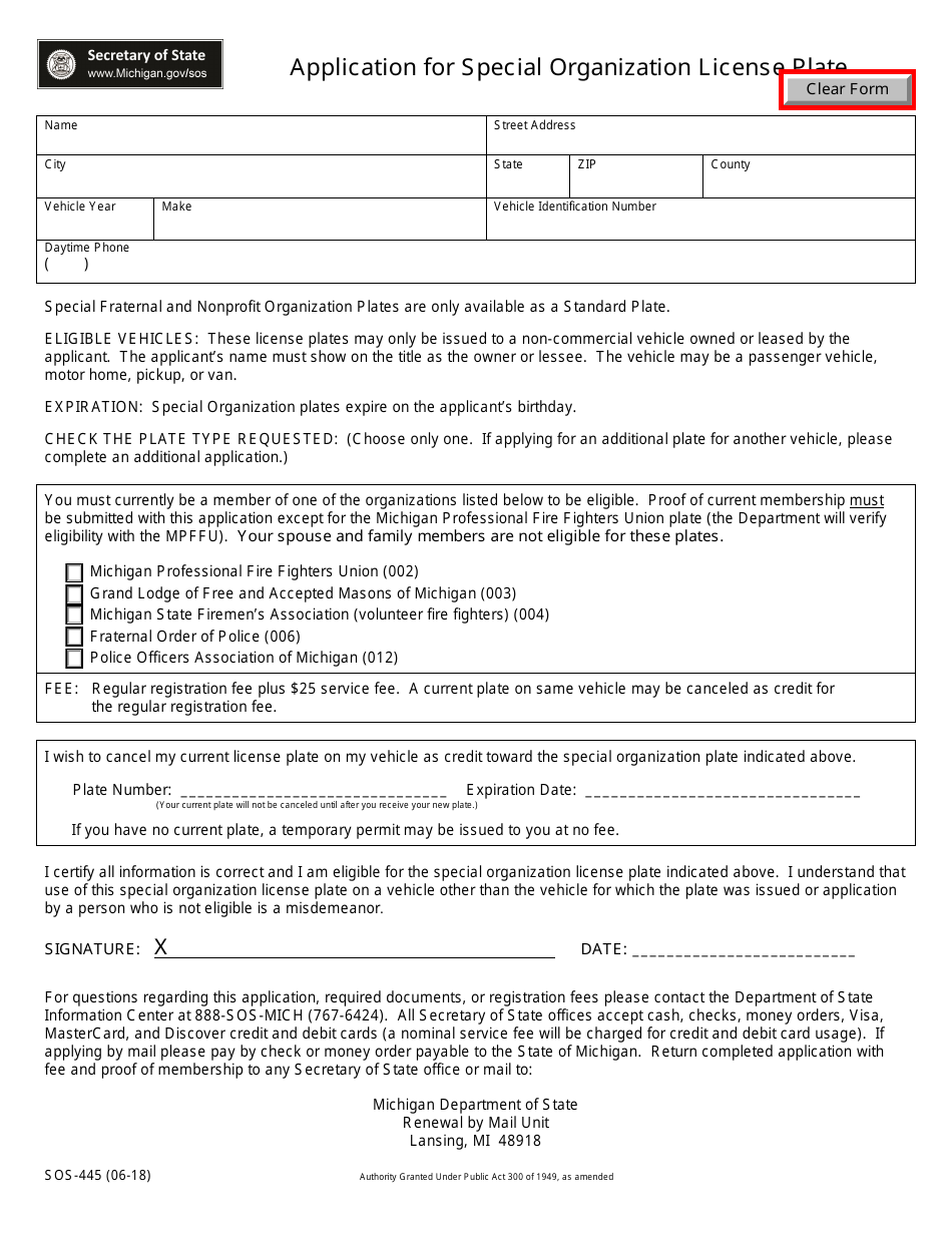 Form SOS-445 Application for Special Organization License Plate - Michigan, Page 1