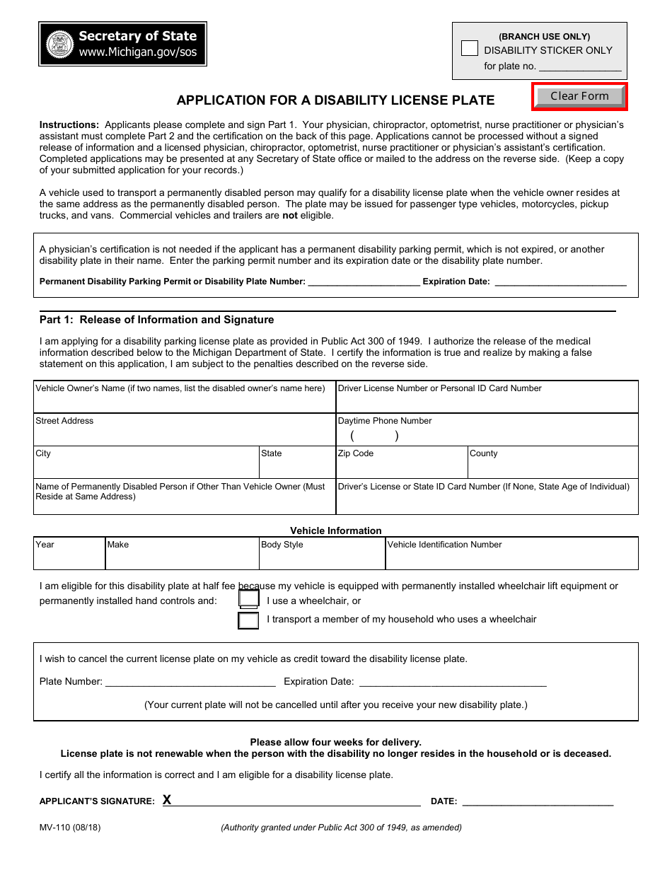 Form Mv 110 Fill Out Sign Online And Download Fillable Pdf Michigan Templateroller 8742